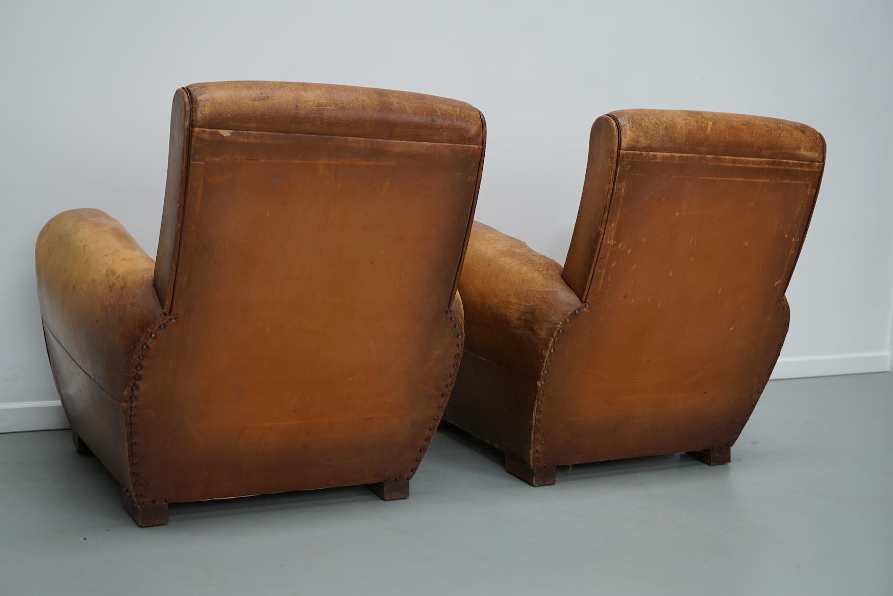 Pair of Vintage French Cognac Leather Club Chairs, Set of 2 8