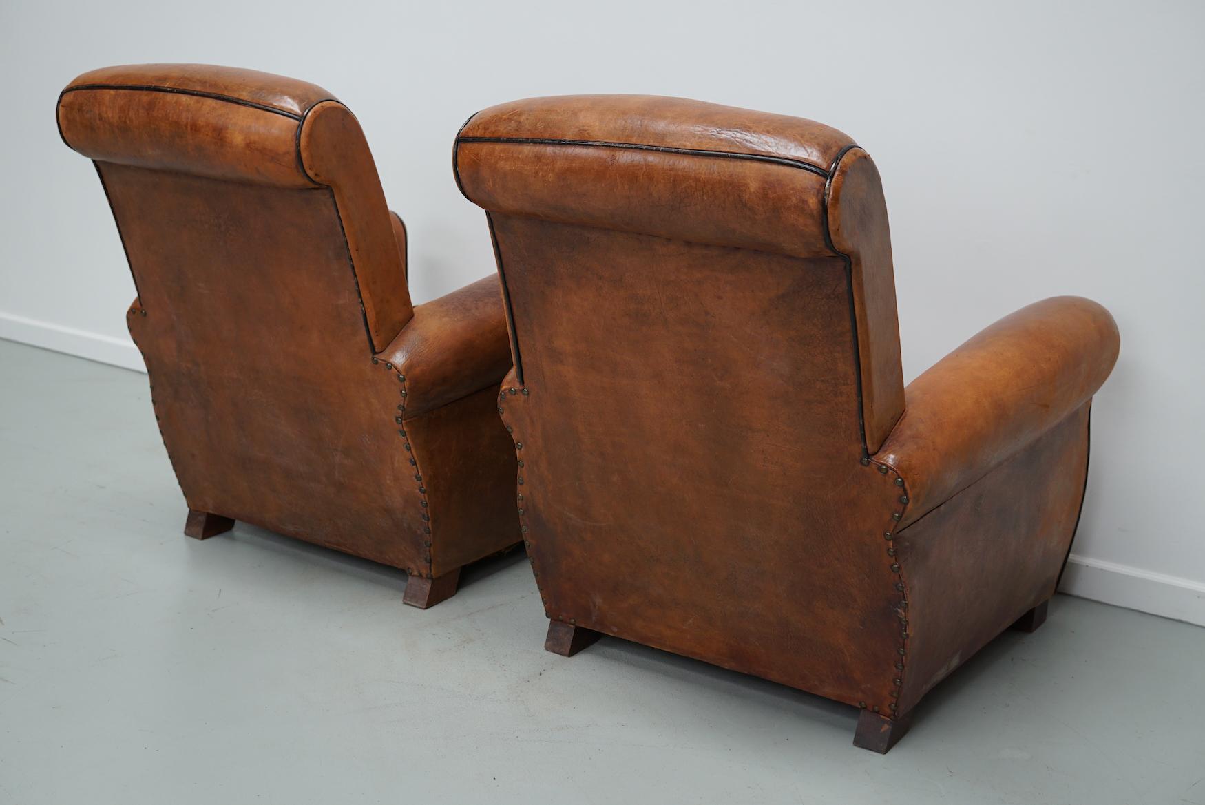  Pair of Vintage French Cognac Leather Club Chairs, Set of 2 8