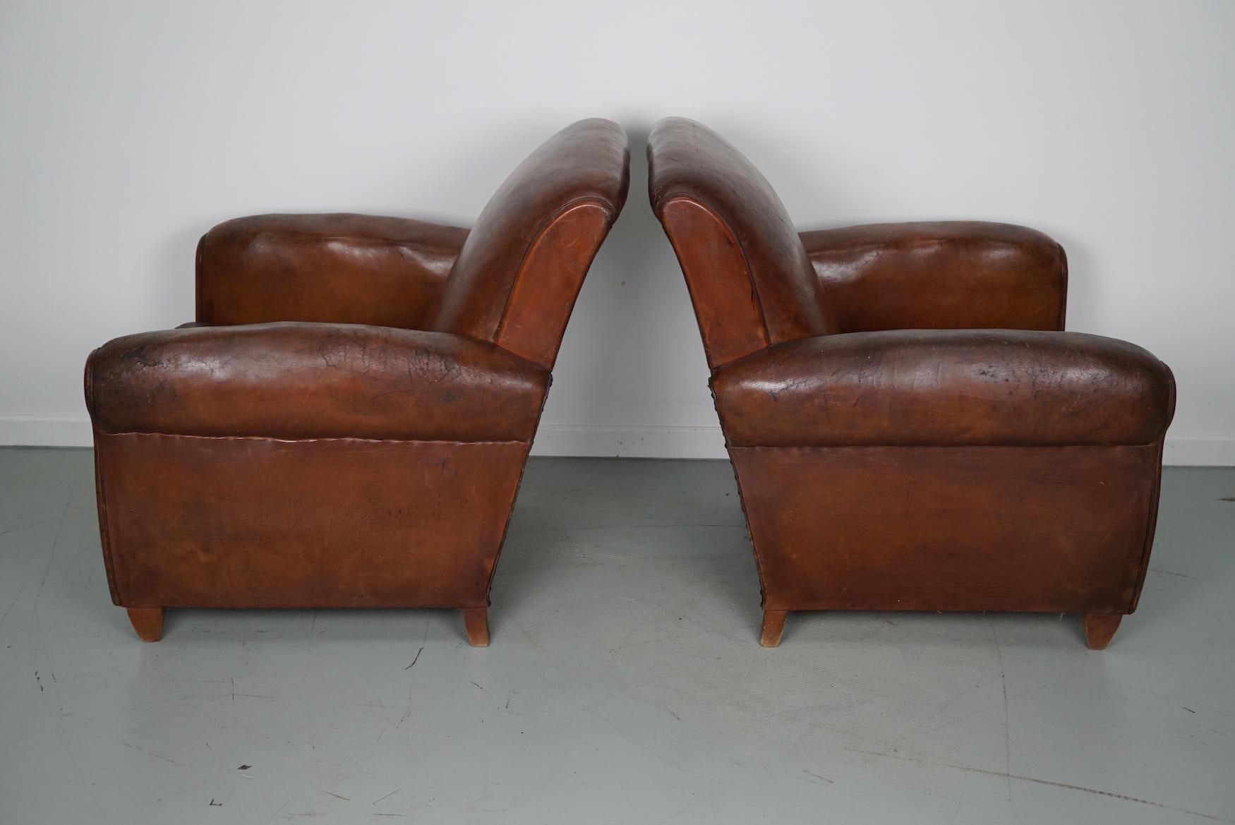 Pair of Vintage French Cognac Leather Club Chairs, Set of 2 8