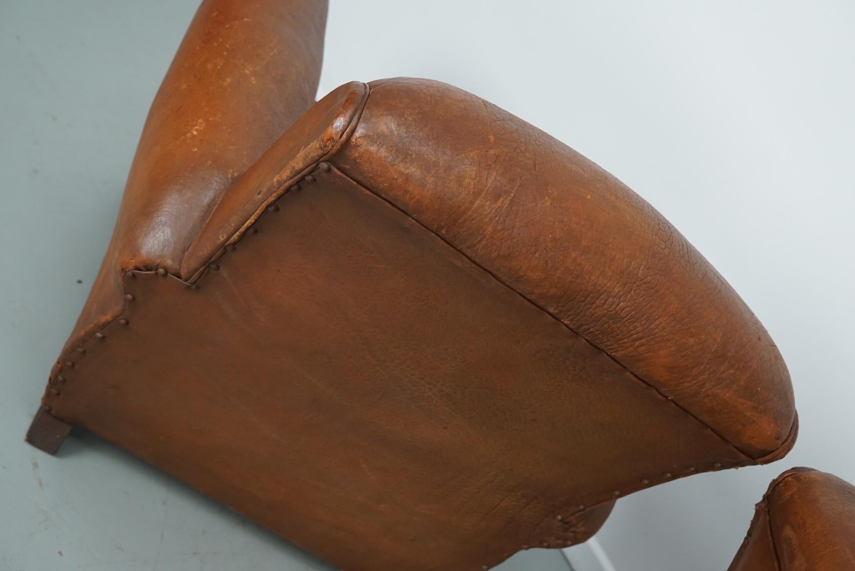 Pair of Vintage French Cognac Leather Club Chairs, Set of 2 For Sale 9