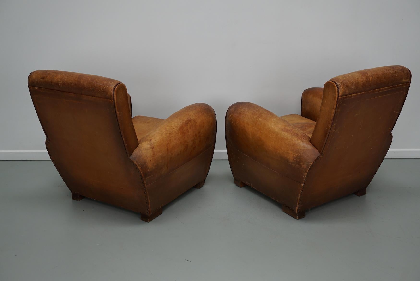 Pair of Vintage French Cognac Leather Club Chairs, Set of 2 9