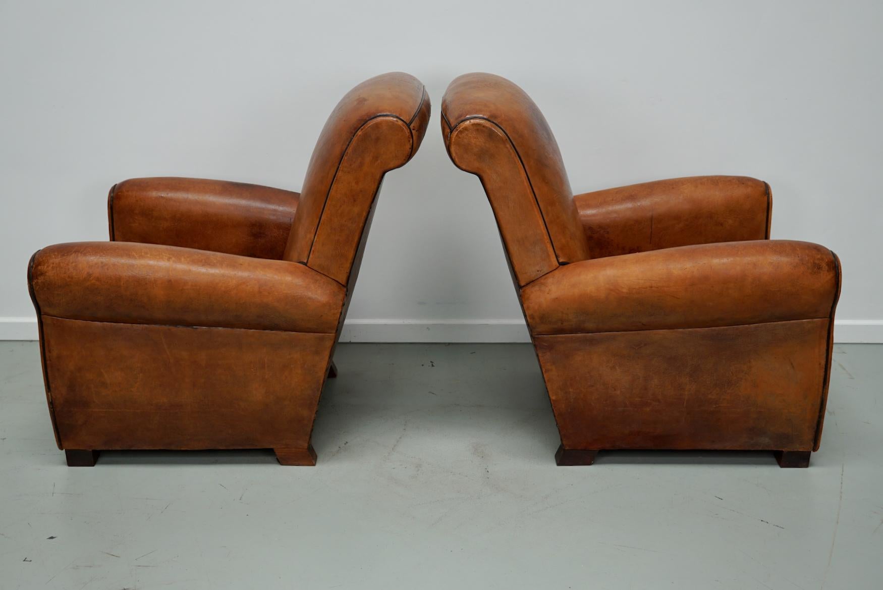  Pair of Vintage French Cognac Leather Club Chairs, Set of 2 9