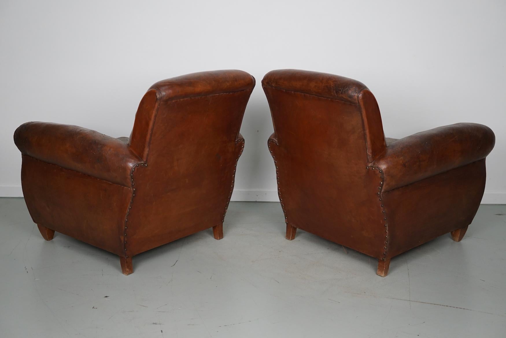 Pair of Vintage French Cognac Leather Club Chairs, Set of 2 9
