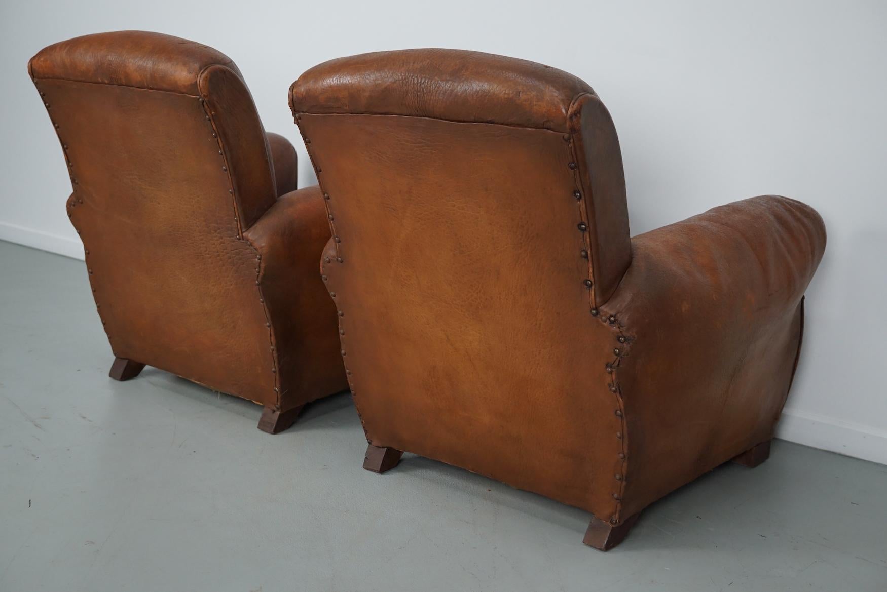 Pair of Vintage French Cognac Leather Club Chairs, Set of 2 For Sale 10