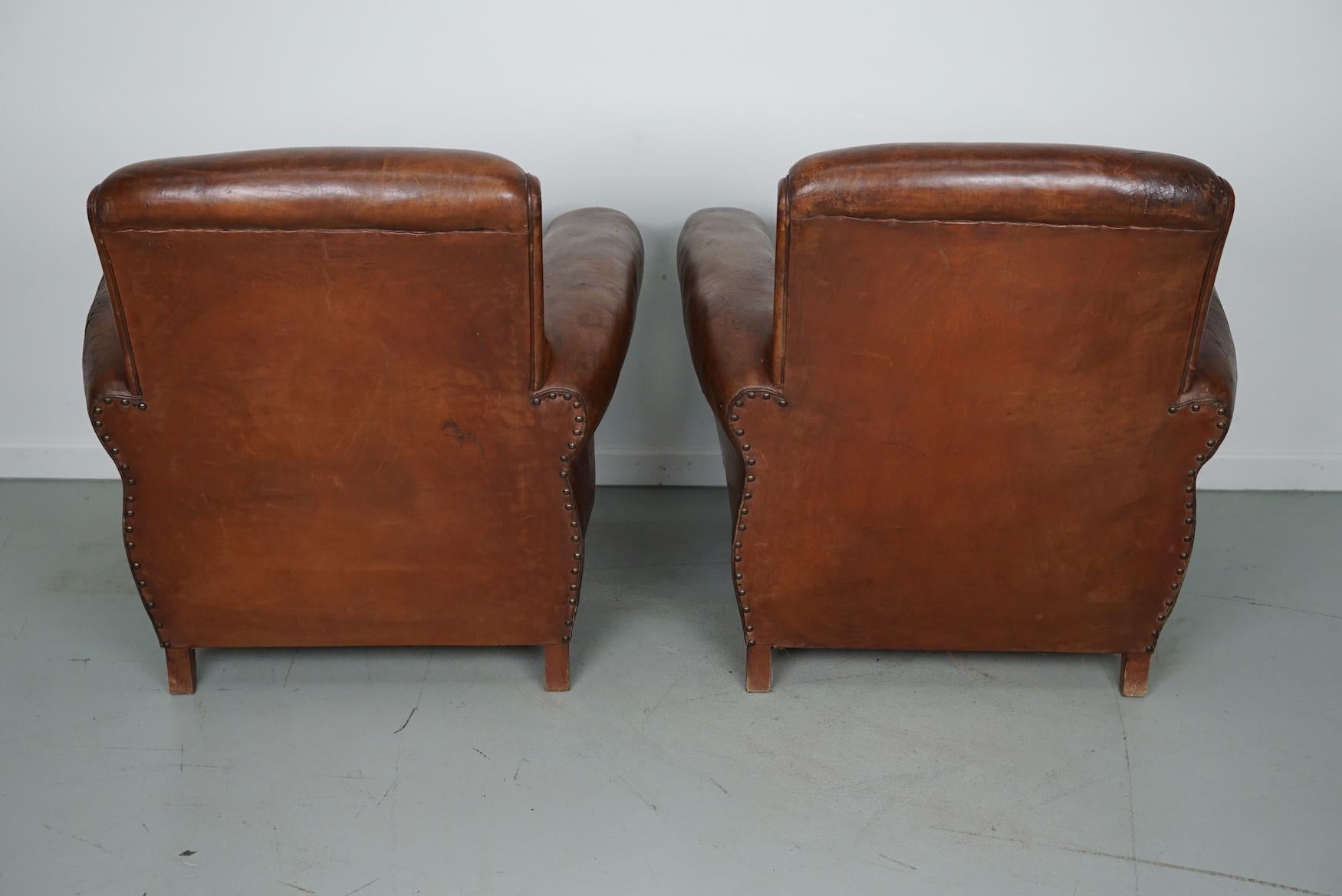 Pair of Vintage French Cognac Leather Club Chairs, Set of 2 10