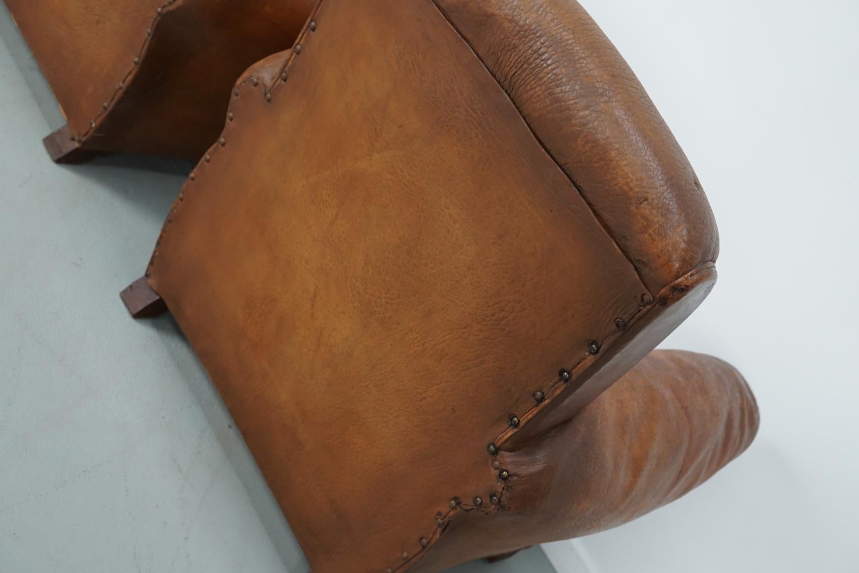 Pair of Vintage French Cognac Leather Club Chairs, Set of 2 For Sale 11