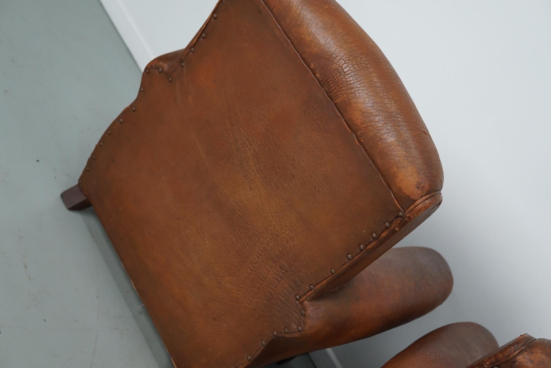 Pair of Vintage French Cognac Leather Club Chairs, Set of 2 For Sale 12