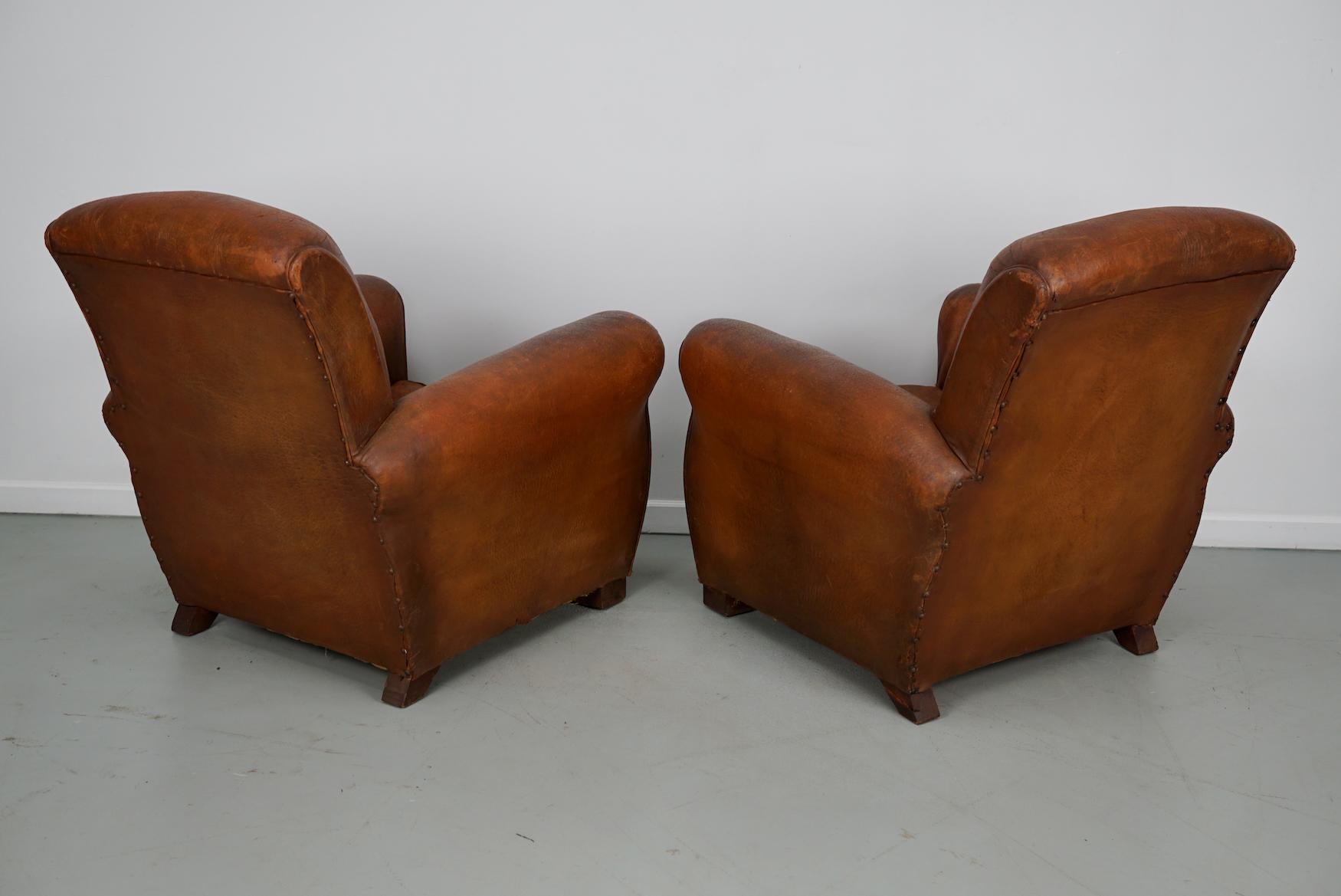 Pair of Vintage French Cognac Leather Club Chairs, Set of 2 For Sale 13