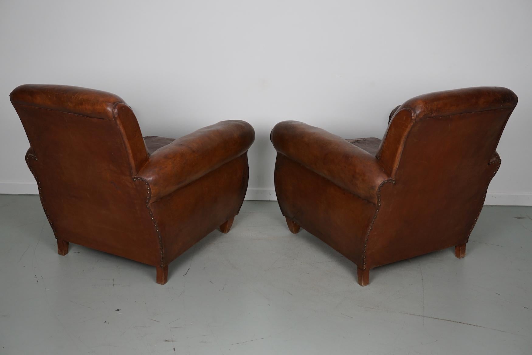 Pair of Vintage French Cognac Leather Club Chairs, Set of 2 13