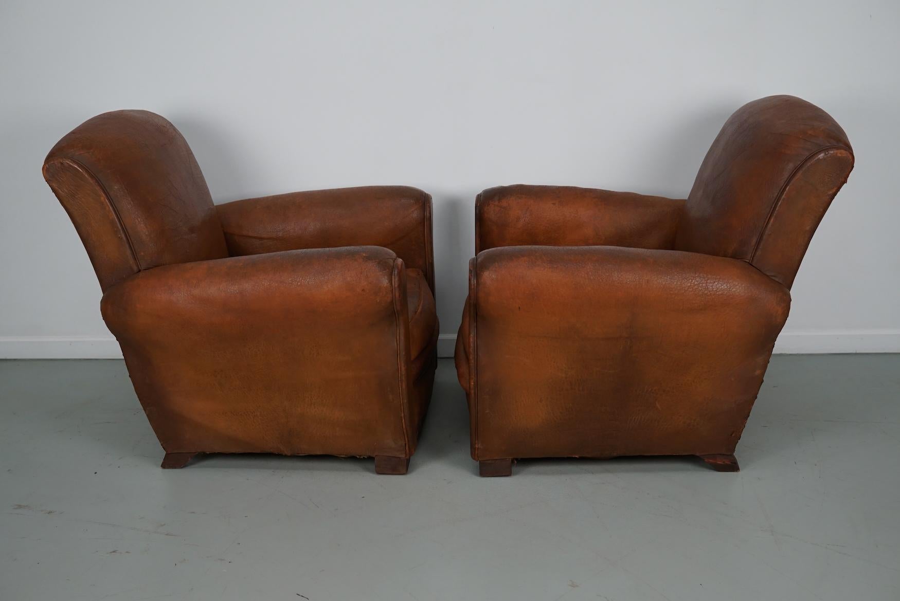 Pair of Vintage French Cognac Leather Club Chairs, Set of 2 For Sale 14