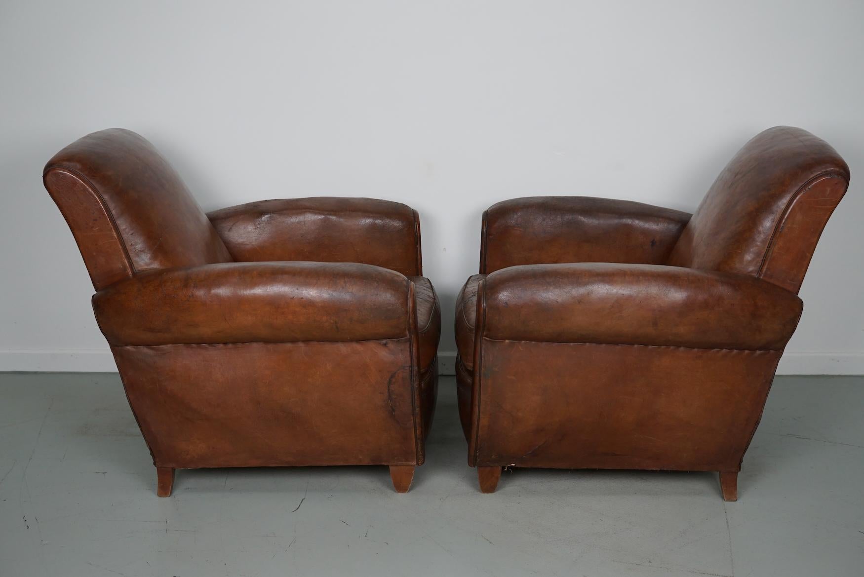 Pair of Vintage French Cognac Leather Club Chairs, Set of 2 14