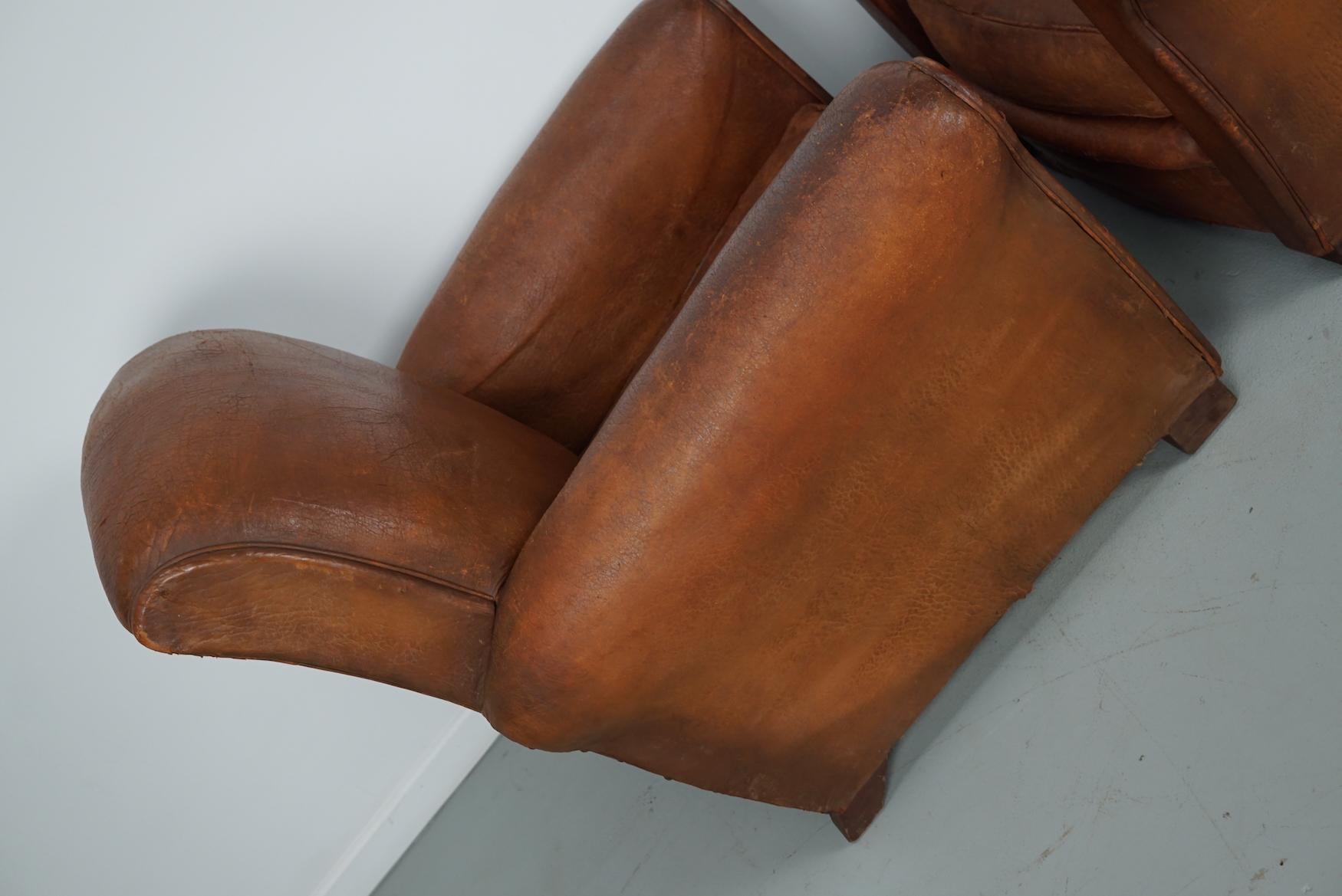 Pair of Vintage French Cognac Leather Club Chairs, Set of 2 For Sale 15