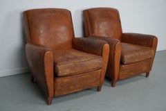 Pair of Vintage French Cognac Leather Club Chairs, Set of 2
