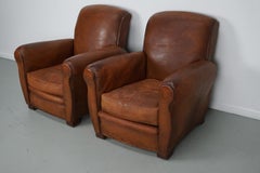Pair of Vintage French Cognac Leather Club Chairs, Set of 2