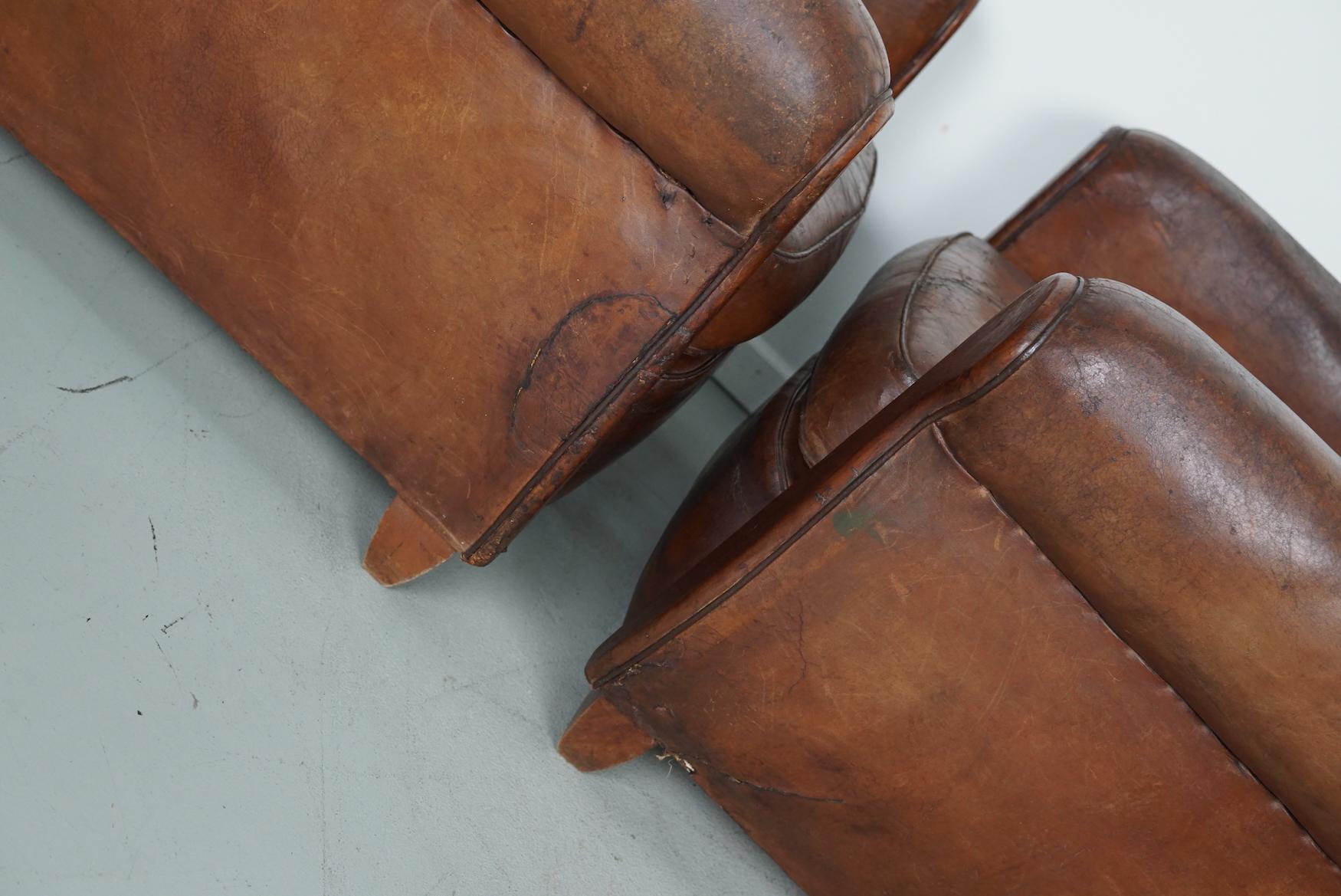 Pair of Vintage French Cognac Leather Club Chairs, Set of 2 15