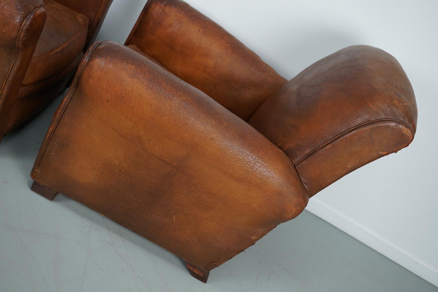 Pair of Vintage French Cognac Leather Club Chairs, Set of 2 For Sale 16