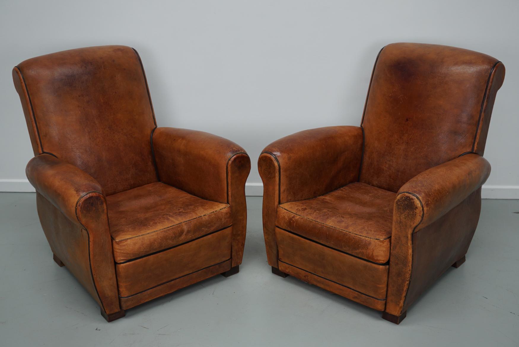 Industrial  Pair of Vintage French Cognac Leather Club Chairs, Set of 2