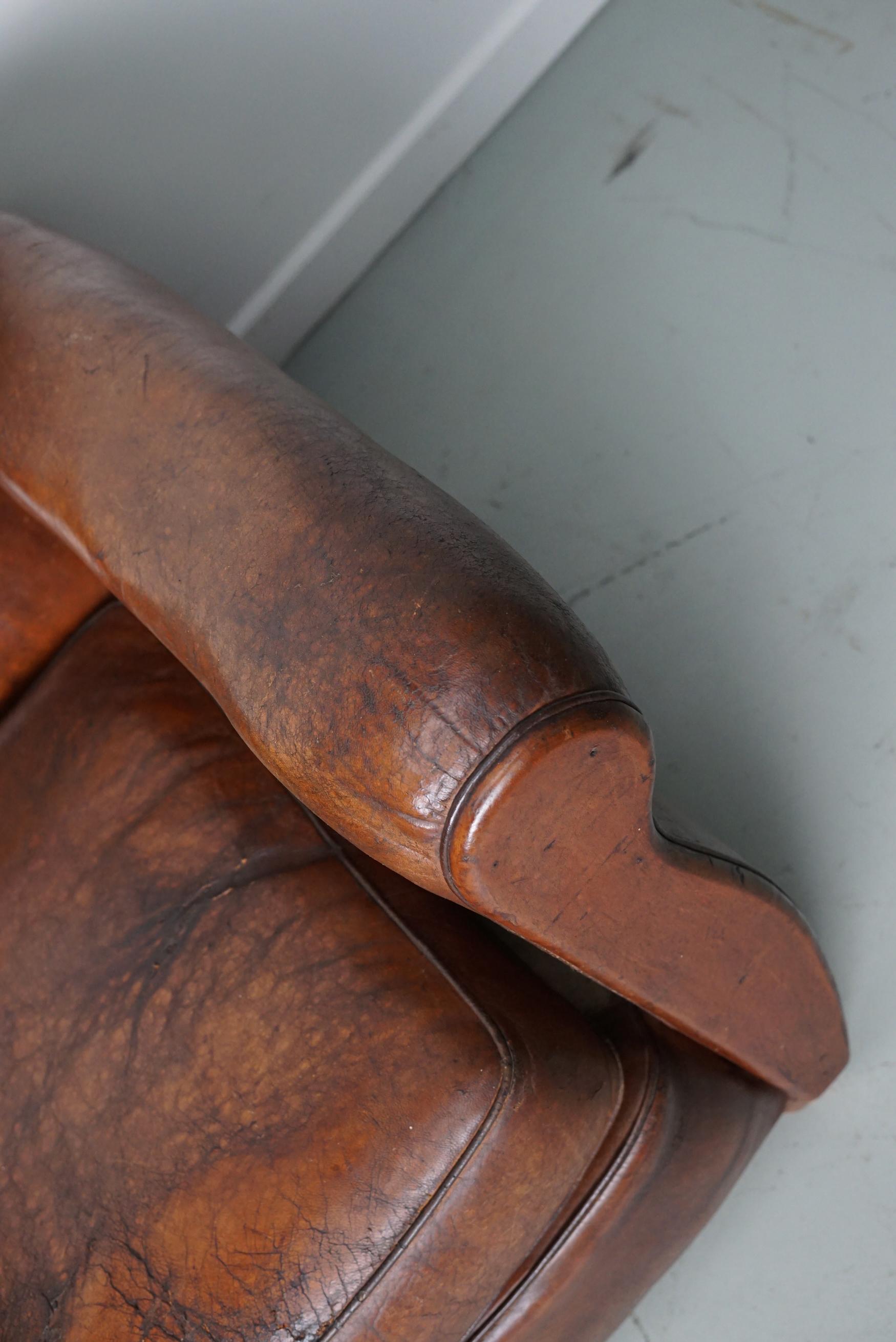 Industrial Pair of Vintage French Cognac Leather Club Chairs, Set of 2