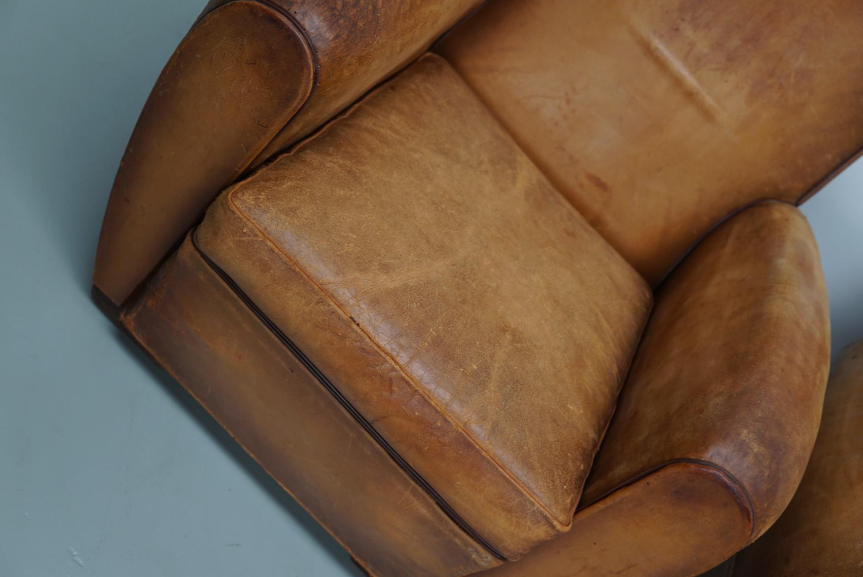 Pair of Vintage French Cognac Leather Club Chairs, Set of 2 In Good Condition In Nijmegen, NL
