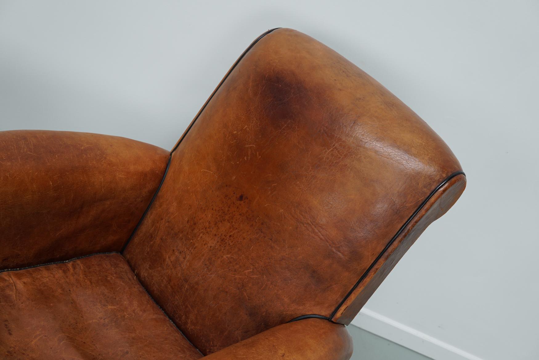 Pair of Vintage French Cognac Leather Club Chairs, Set of 2 In Good Condition In Nijmegen, NL