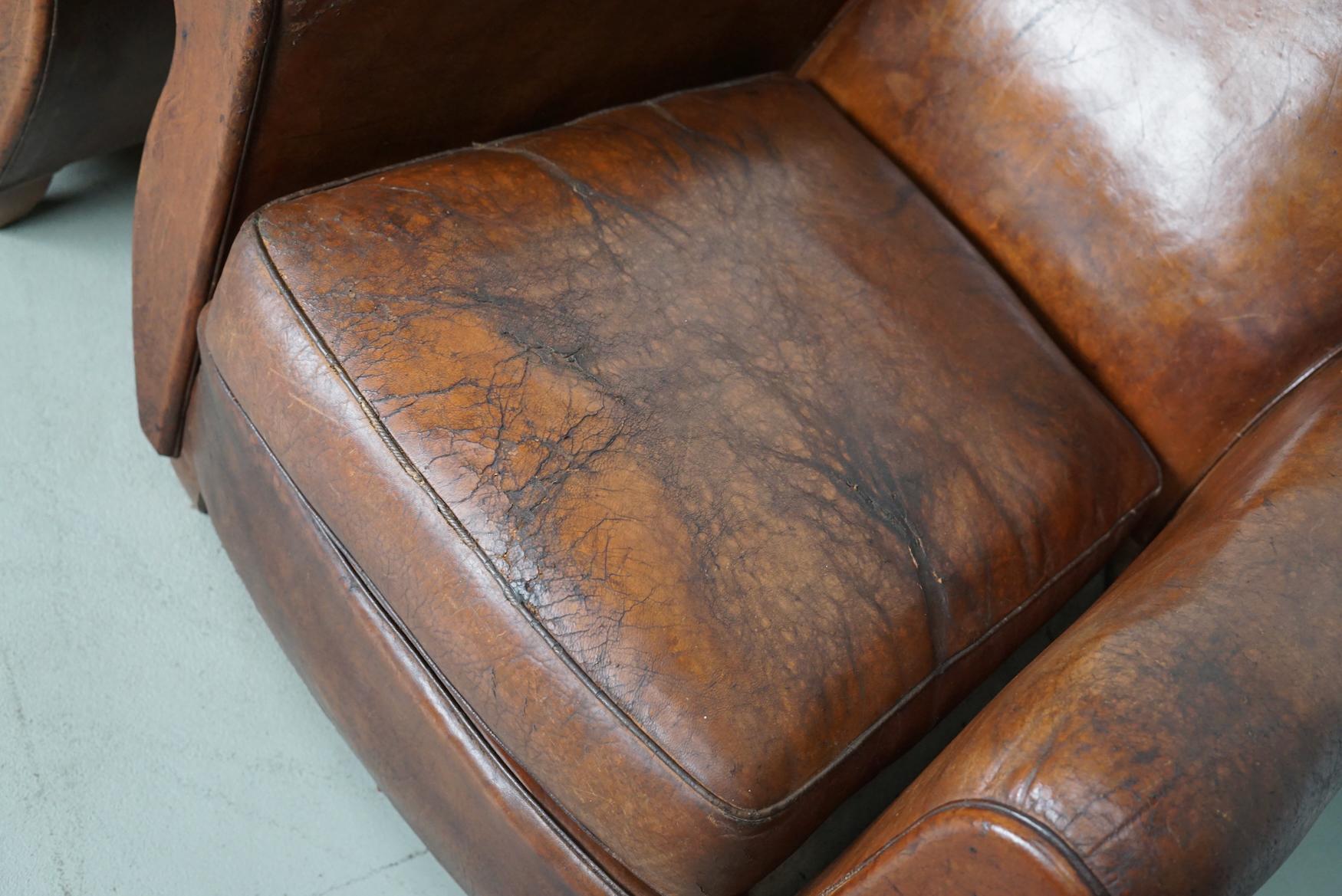 Pair of Vintage French Cognac Leather Club Chairs, Set of 2 In Good Condition In Nijmegen, NL