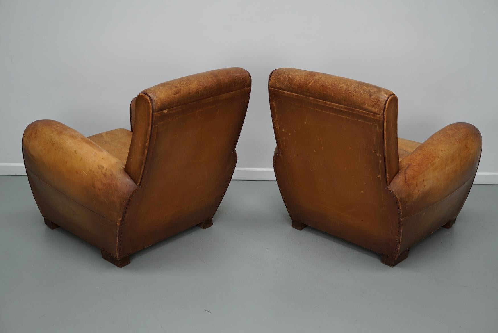 Mid-20th Century Pair of Vintage French Cognac Leather Club Chairs, Set of 2