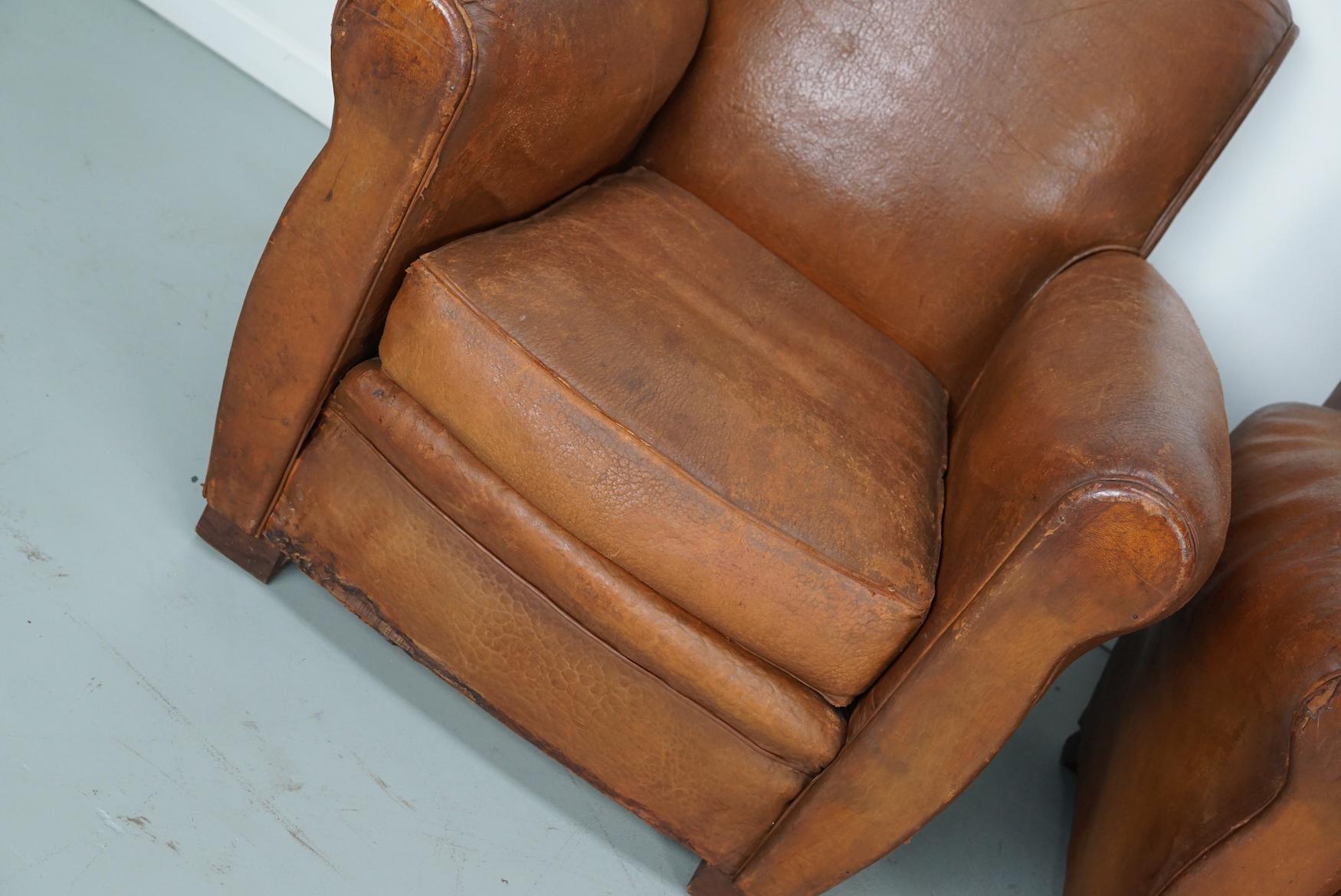 Mid-20th Century Pair of Vintage French Cognac Leather Club Chairs, Set of 2 For Sale