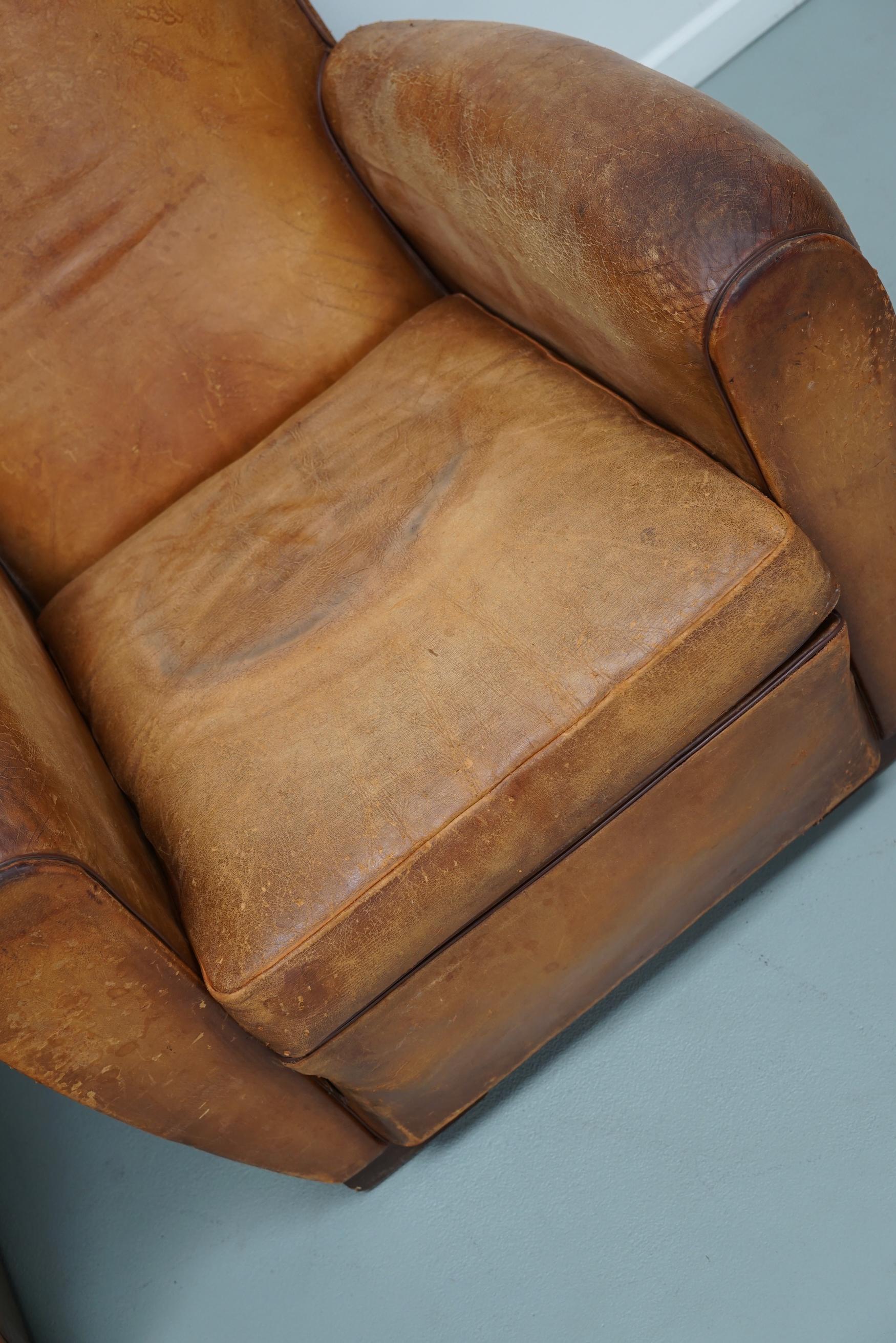Mid-20th Century Pair of Vintage French Cognac Leather Club Chairs, Set of 2