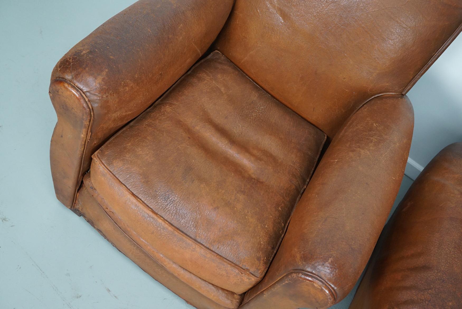 Pair of Vintage French Cognac Leather Club Chairs, Set of 2 For Sale 1