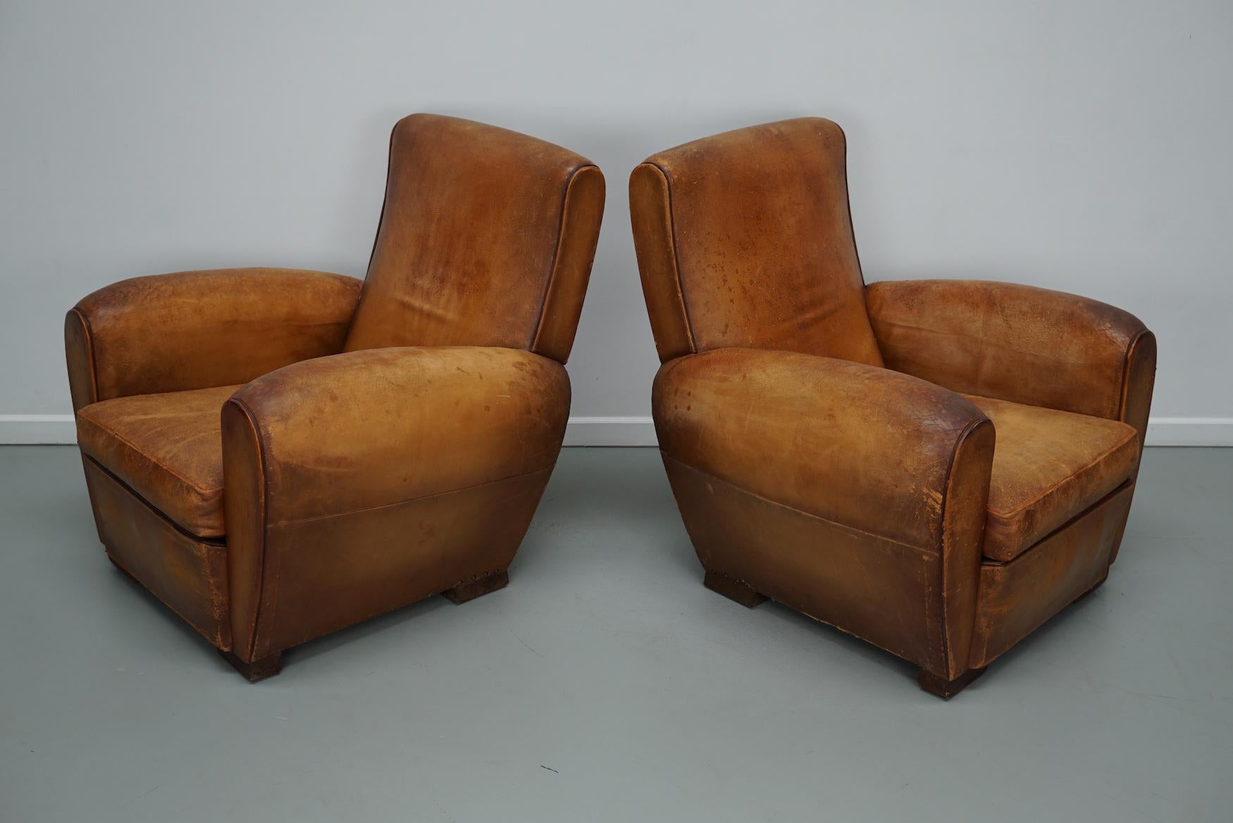 Pair of Vintage French Cognac Leather Club Chairs, Set of 2 1