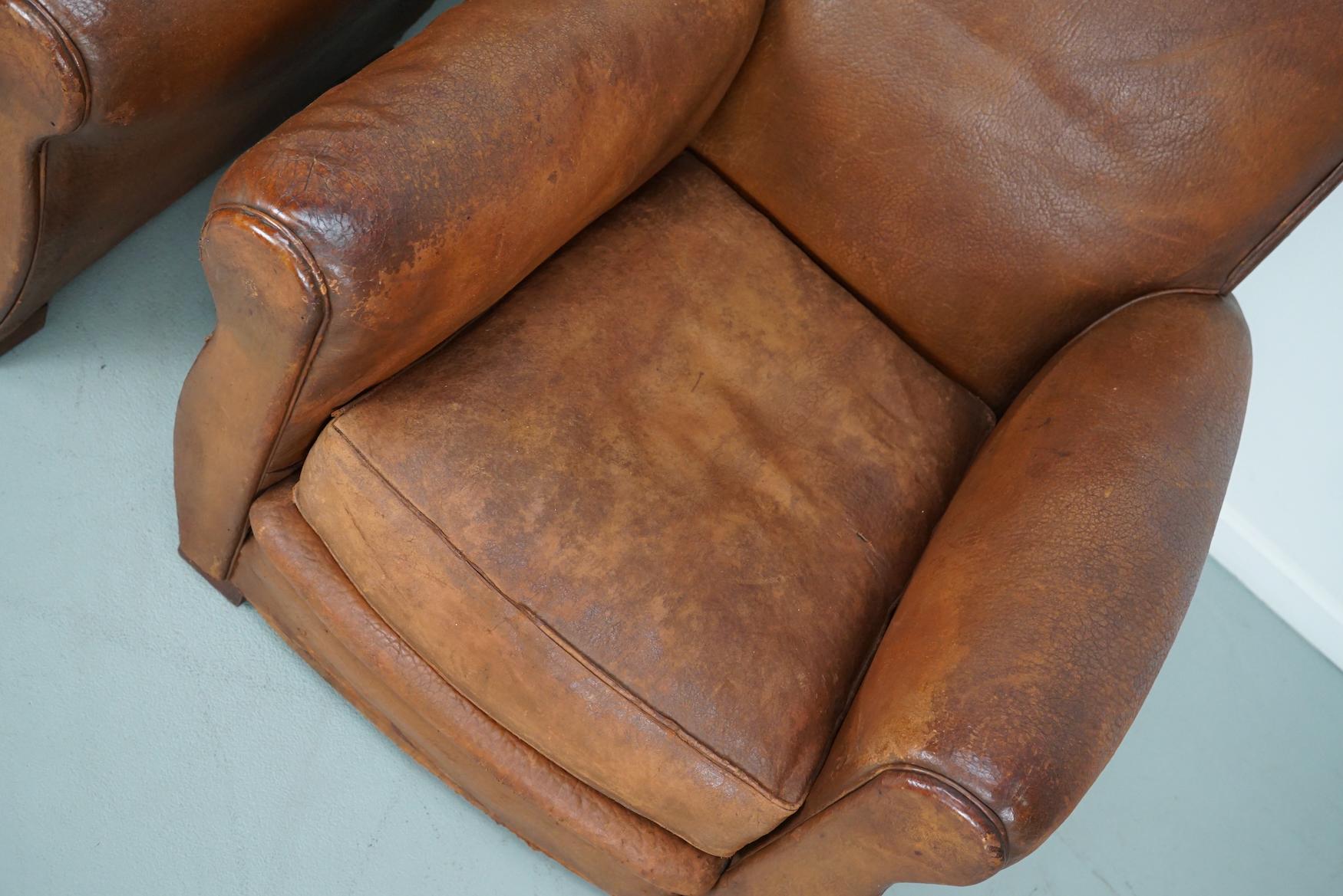 Pair of Vintage French Cognac Leather Club Chairs, Set of 2 For Sale 2