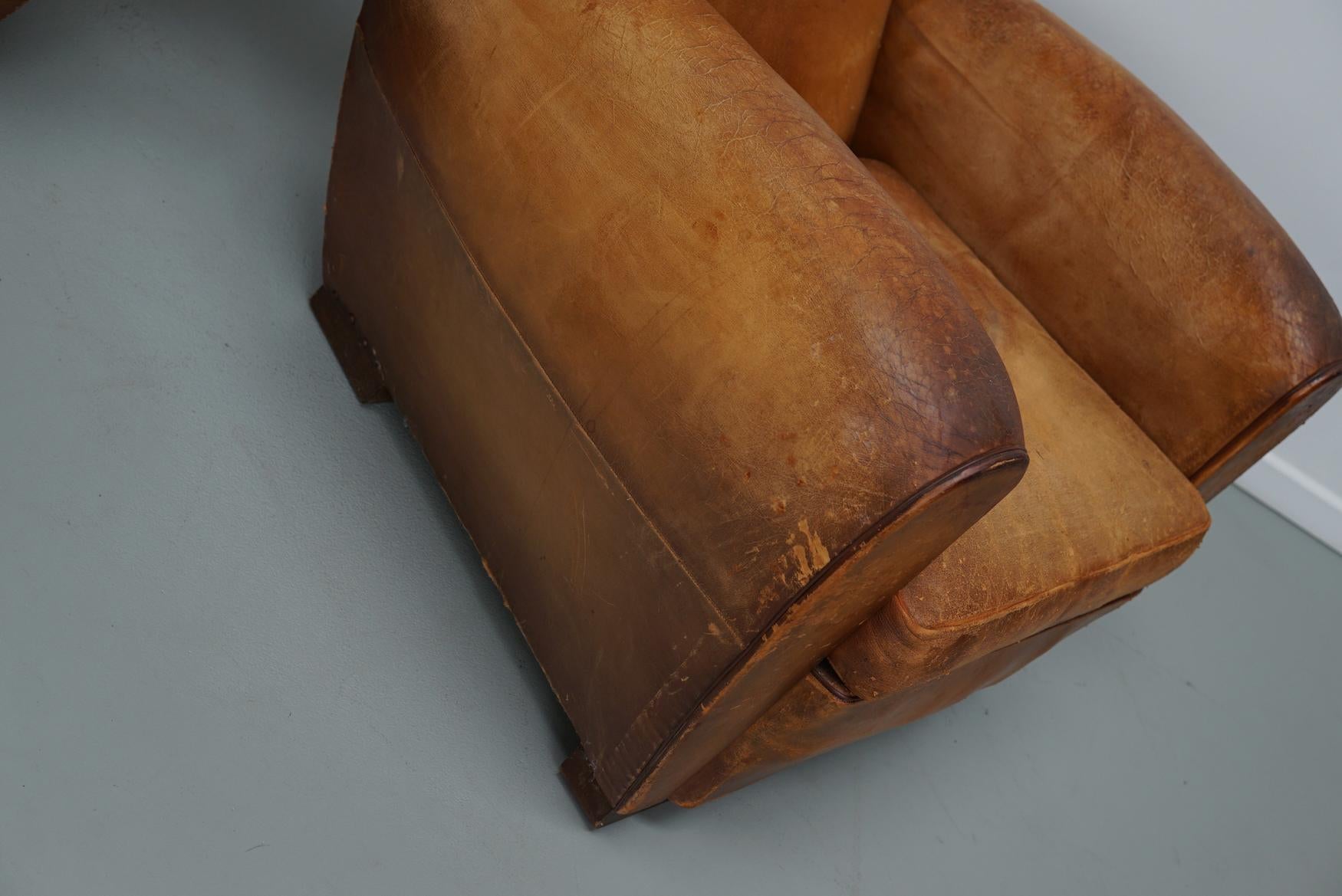 Pair of Vintage French Cognac Leather Club Chairs, Set of 2 2