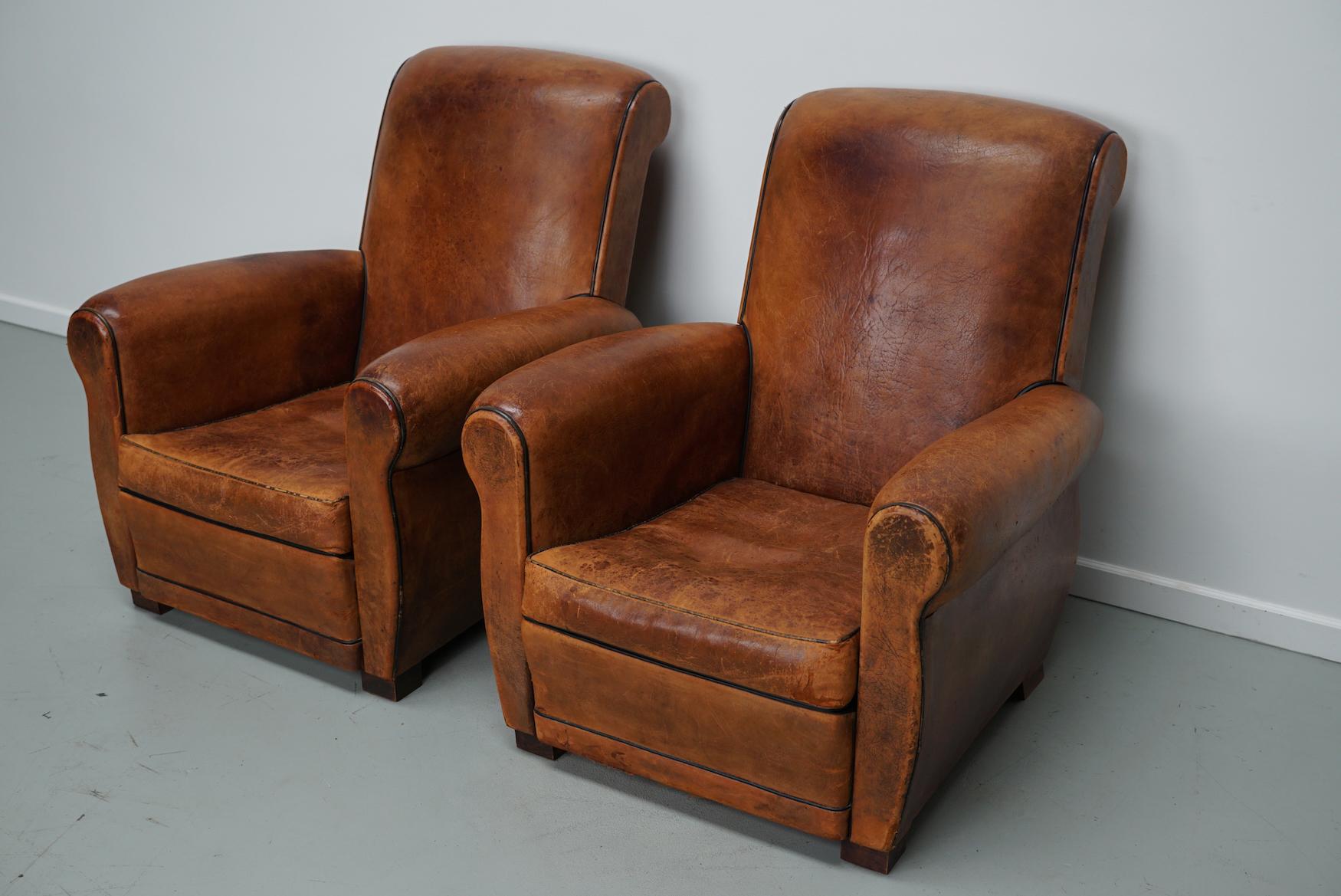  Pair of Vintage French Cognac Leather Club Chairs, Set of 2 2