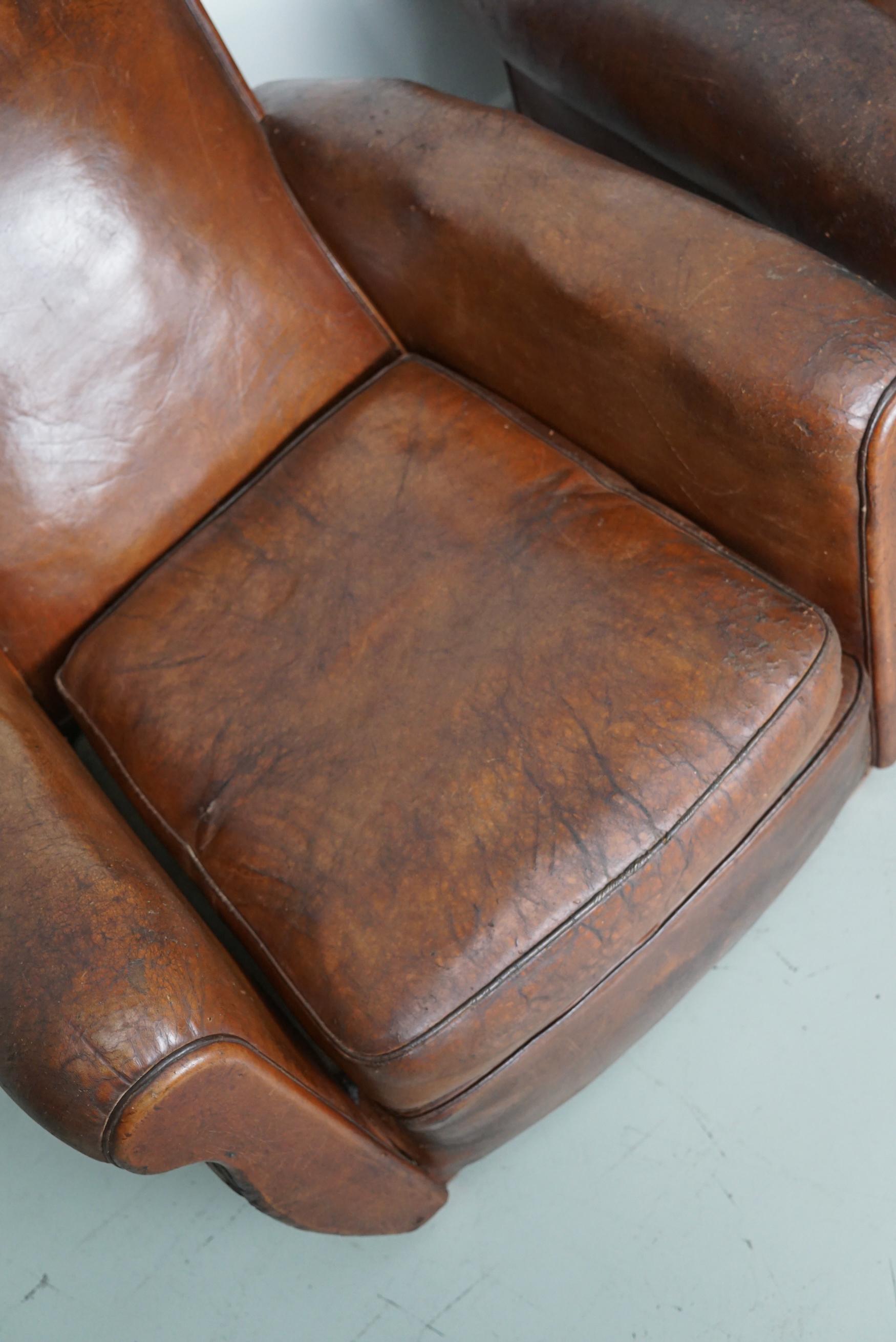 Pair of Vintage French Cognac Leather Club Chairs, Set of 2 2