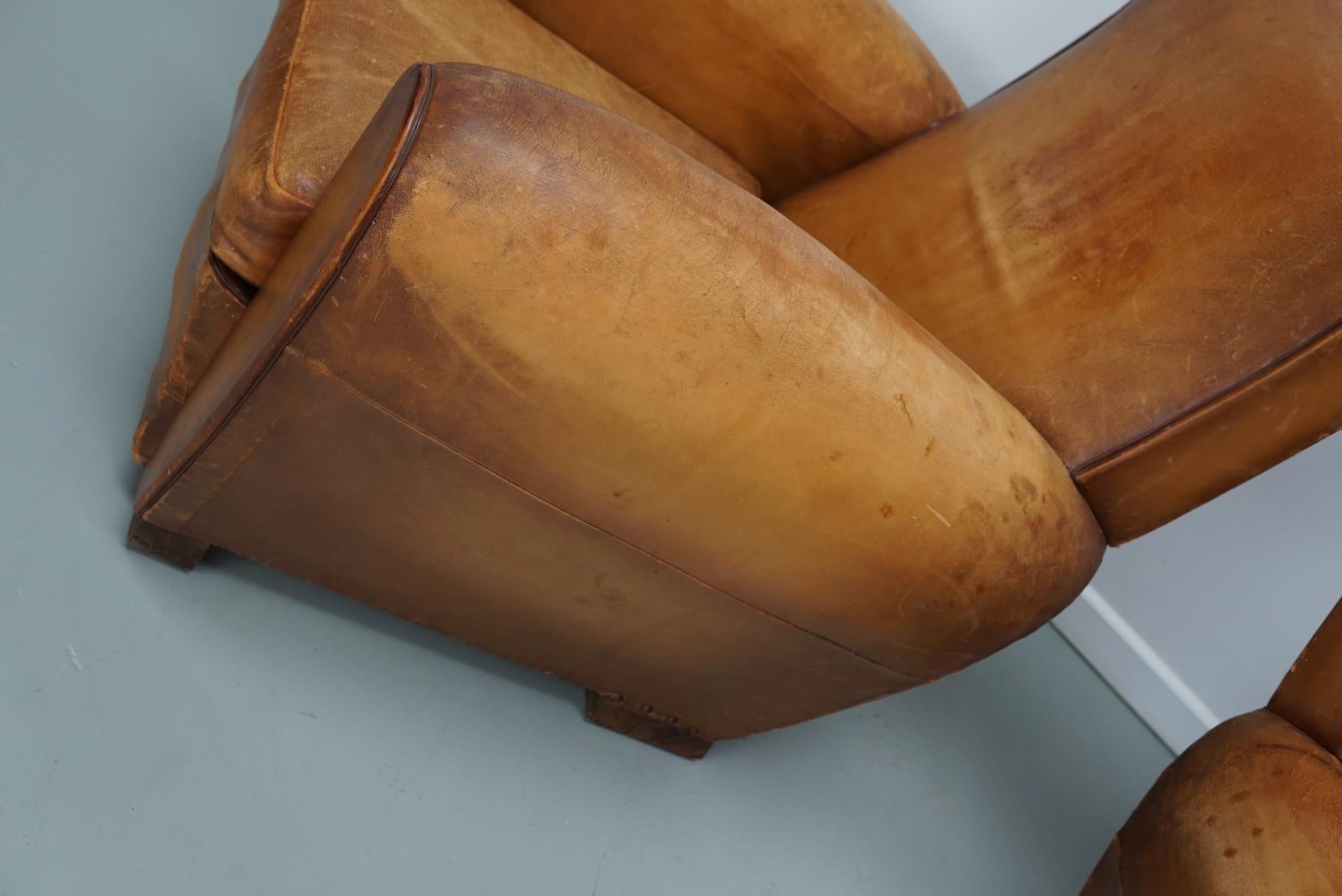 Pair of Vintage French Cognac Leather Club Chairs, Set of 2 3