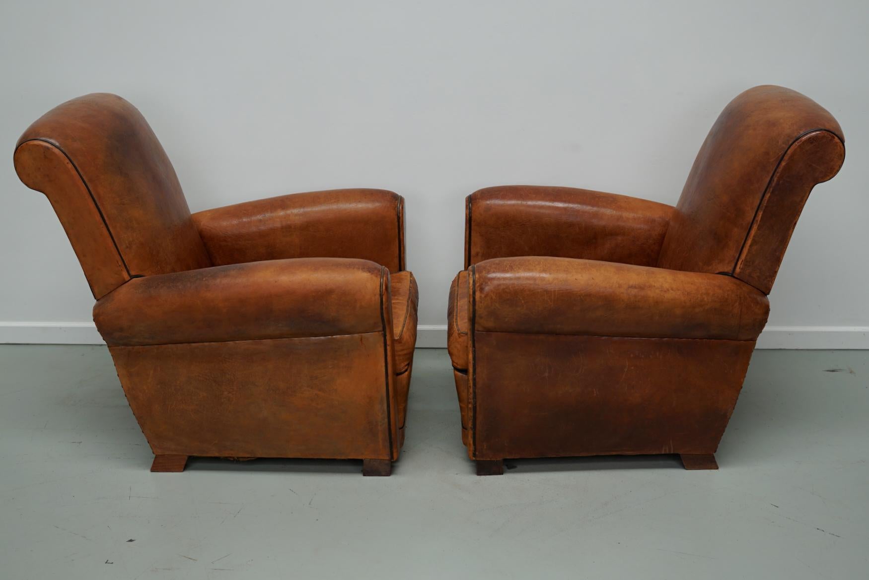  Pair of Vintage French Cognac Leather Club Chairs, Set of 2 3