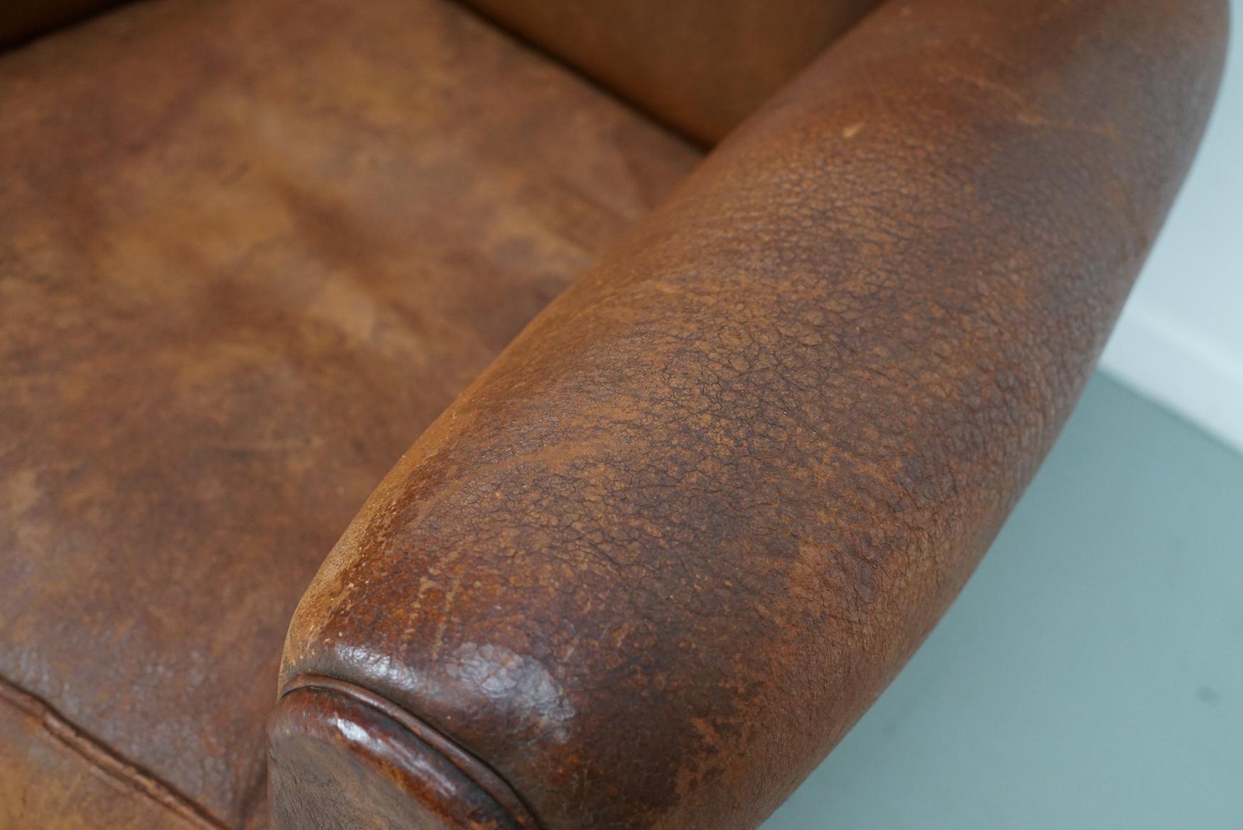 Pair of Vintage French Cognac Leather Club Chairs, Set of 2 For Sale 4