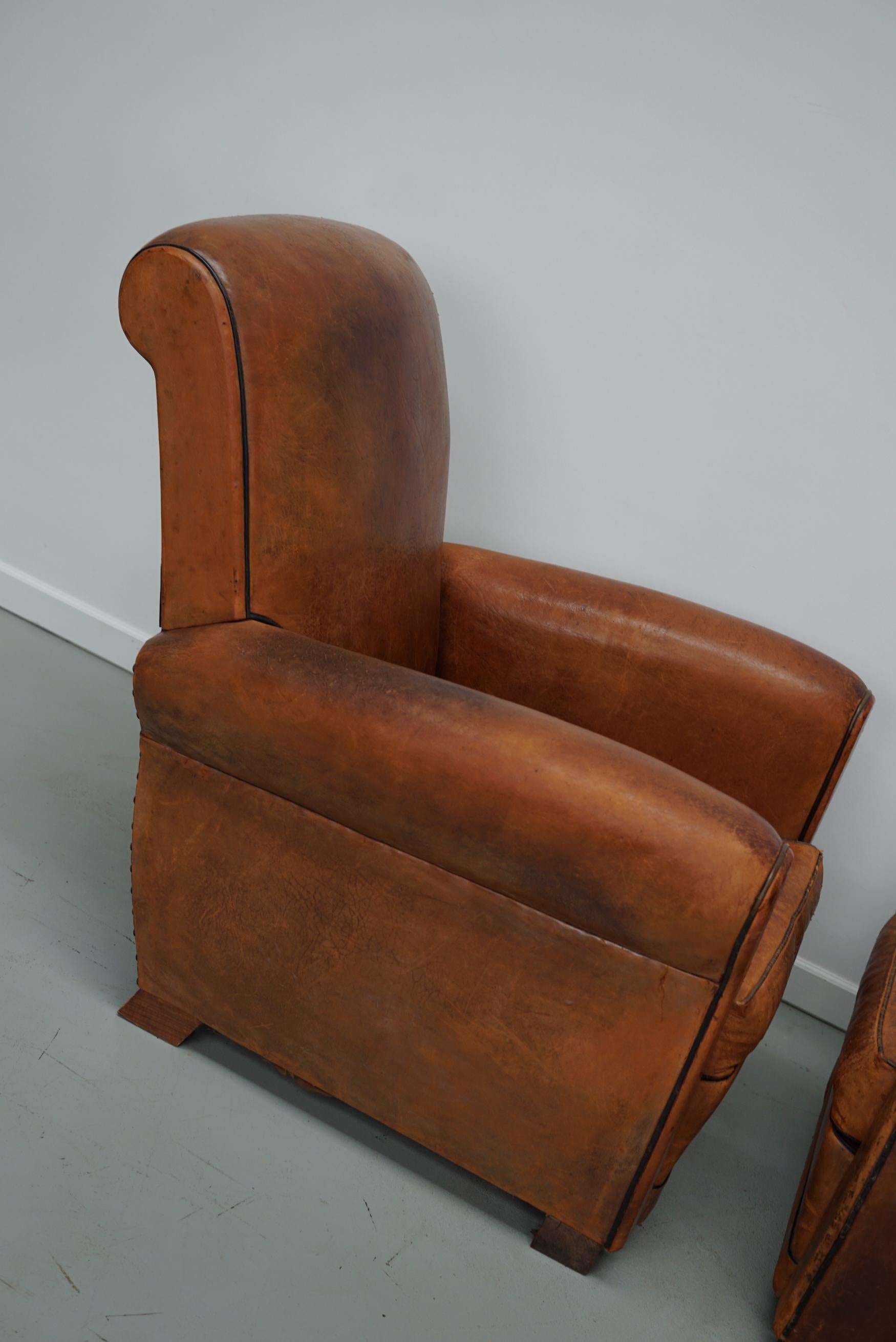  Pair of Vintage French Cognac Leather Club Chairs, Set of 2 4