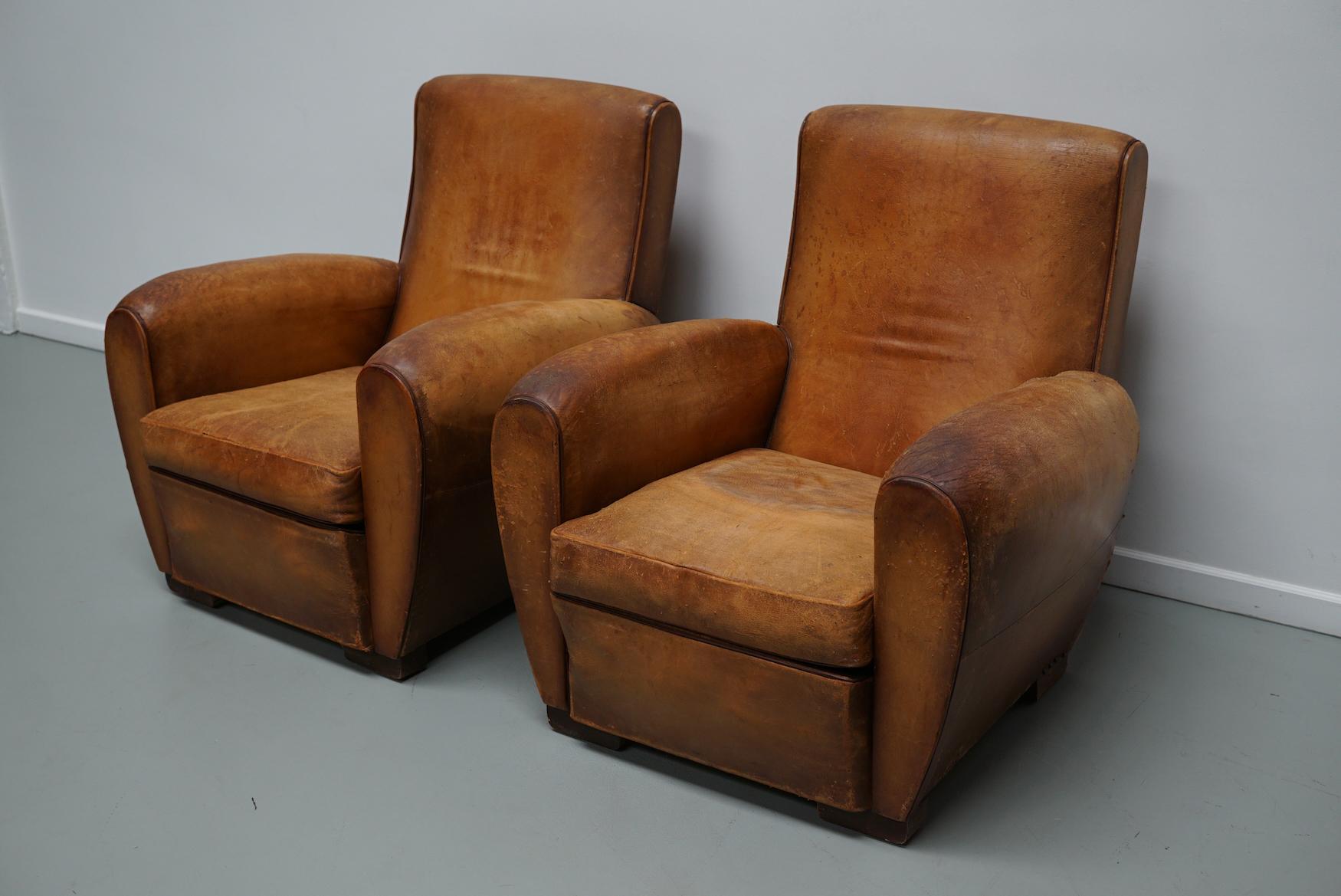 Pair of Vintage French Cognac Leather Club Chairs, Set of 2 5