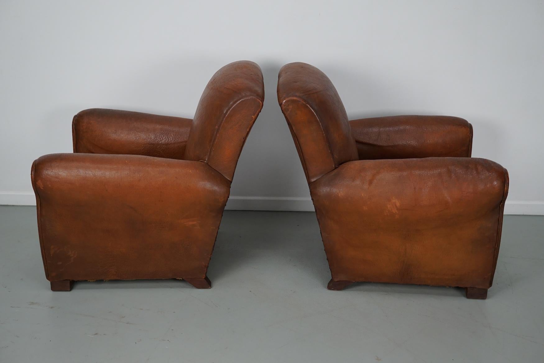 Pair of Vintage French Cognac Leather Club Chairs, Set of 2 For Sale 5