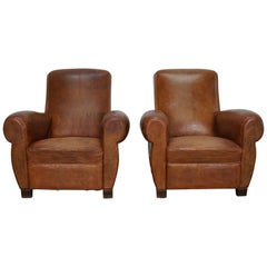 Pair of Vintage French Cognac Leather Club Chairs, Set of 2
