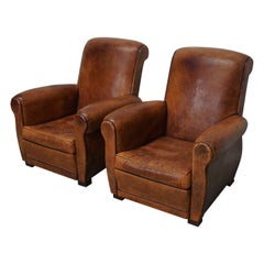 Pair of Vintage French Cognac Leather Club Chairs, Set of 2