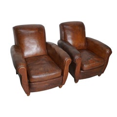Pair of Vintage French Cognac Leather Club Chairs, Set of 2