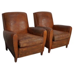 Pair of Vintage French Cognac Leather Club Chairs, Set of 2