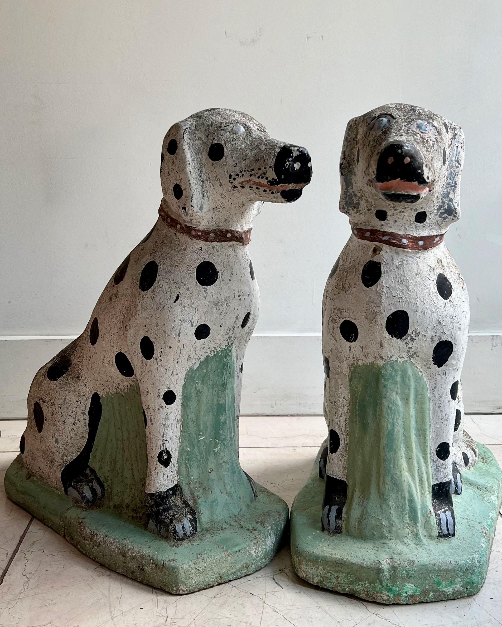 A large pair of vintage French garden dog Dalmatian statues with lovely weathered, patinated effect, charmingly hand painted decor for any garden or doorstep.
Base size: 10.50