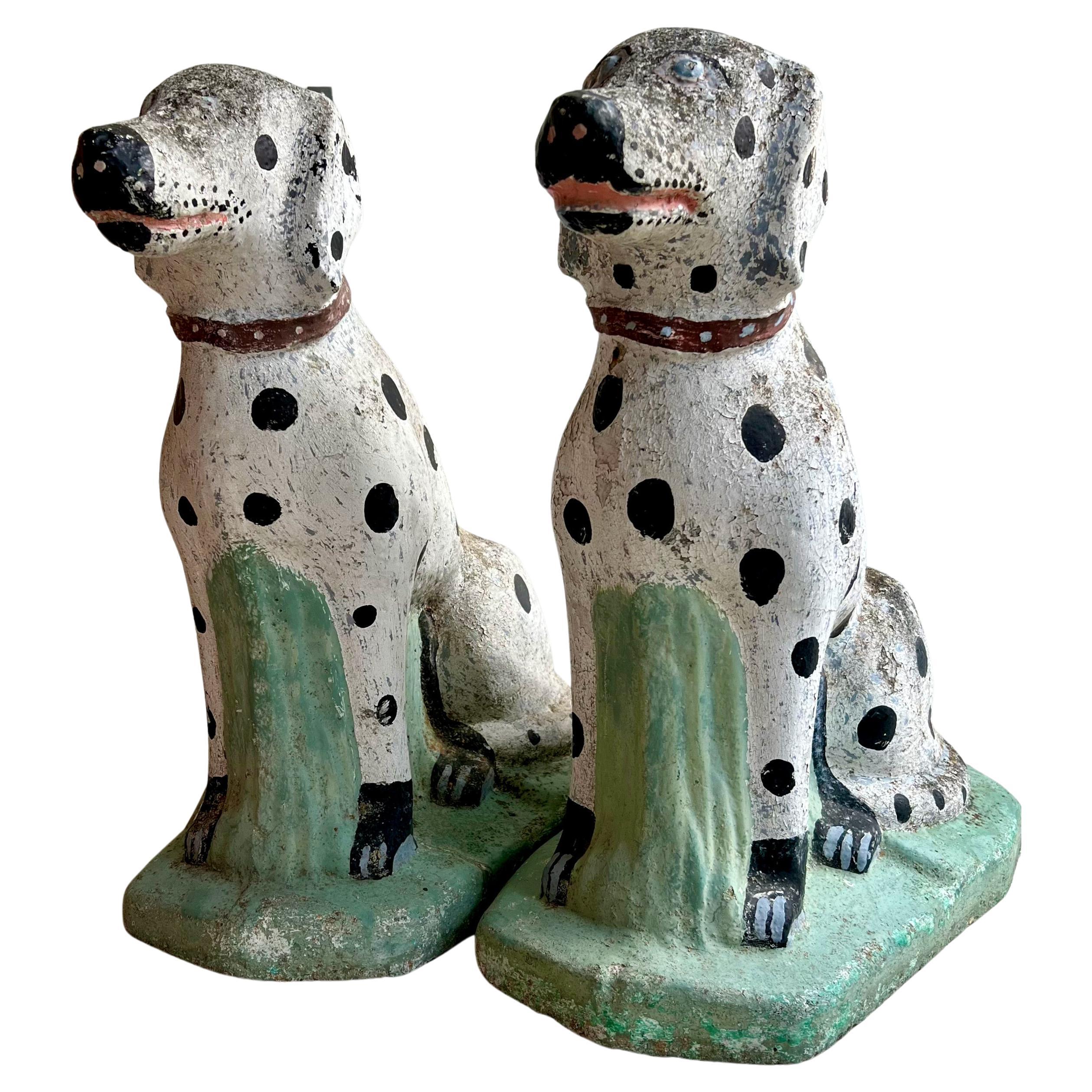 Pair of Vintage French Concrete Garden Dalmatian Dog Statues