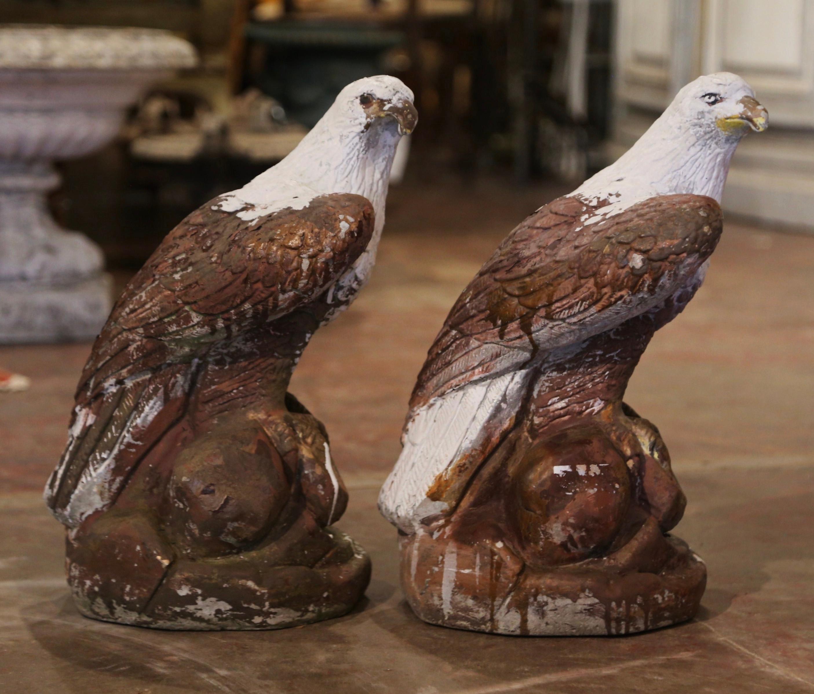Patinated Pair of Vintage French Concrete Weathered and Painted Outdoor Eagle Sculptures For Sale