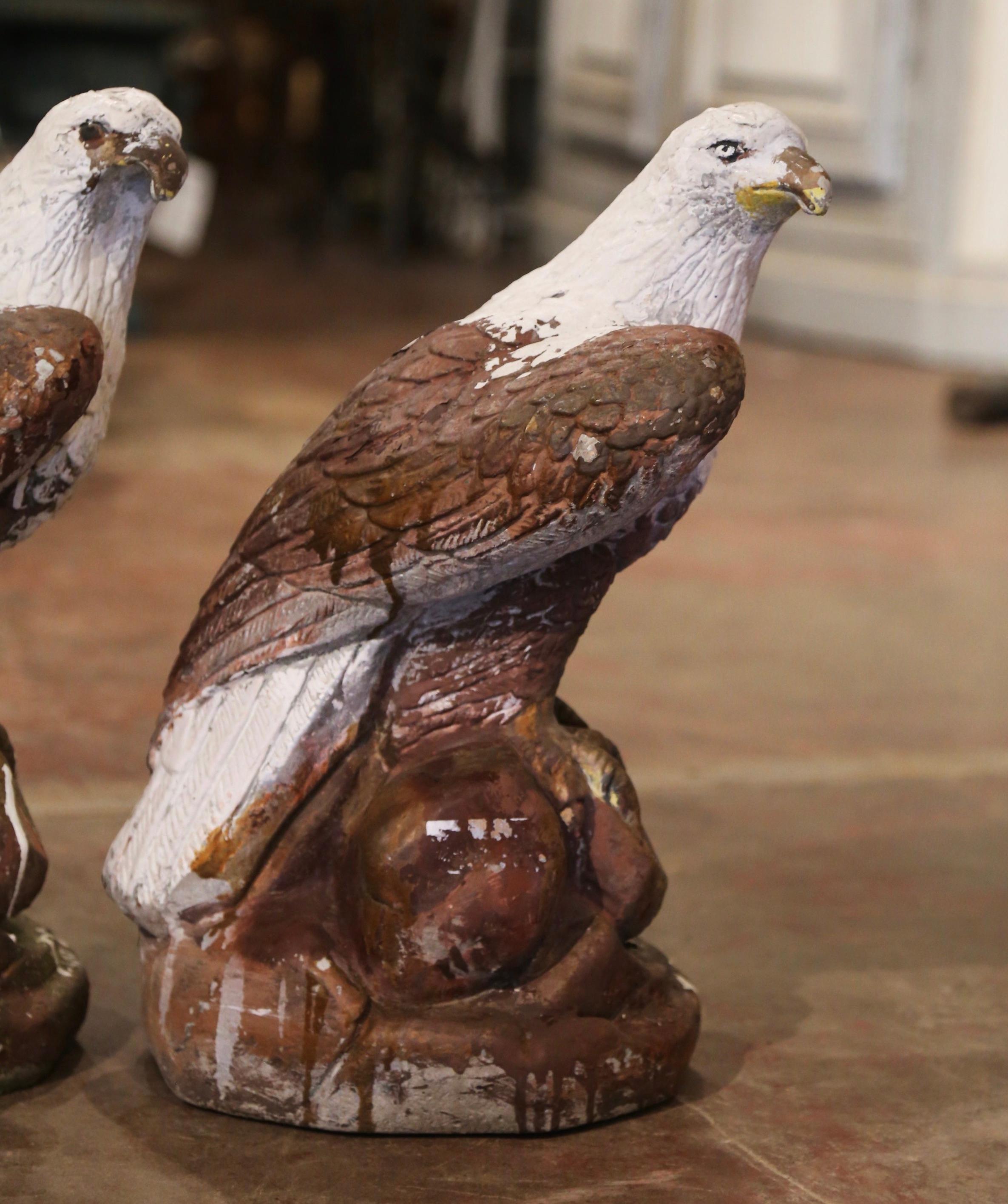 Pair of Vintage French Concrete Weathered and Painted Outdoor Eagle Sculptures In Excellent Condition For Sale In Dallas, TX