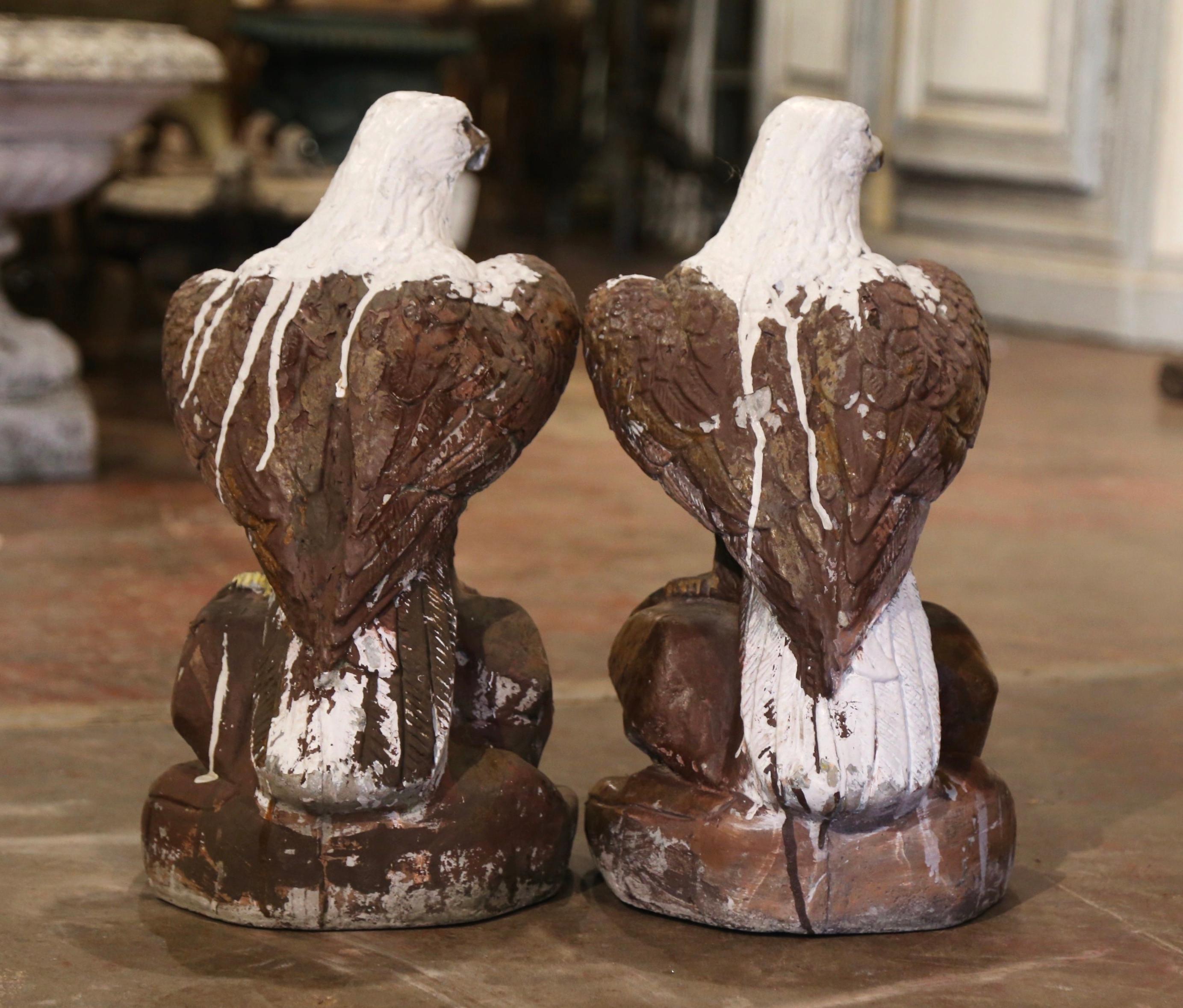 20th Century Pair of Vintage French Concrete Weathered and Painted Outdoor Eagle Sculptures For Sale