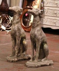 Pair of Vintage French Concrete Weathered Patinated Greyhound Dog Sculptures